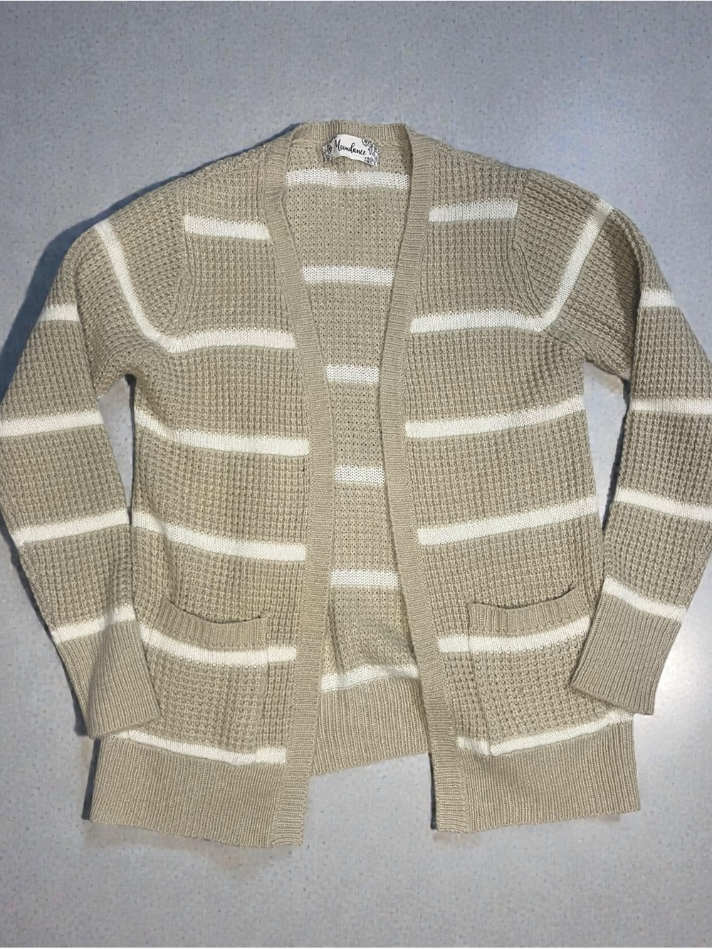 Moondance Womens Open Front Cardigan Sweater Tan Beige White Stripe Knit Pockets